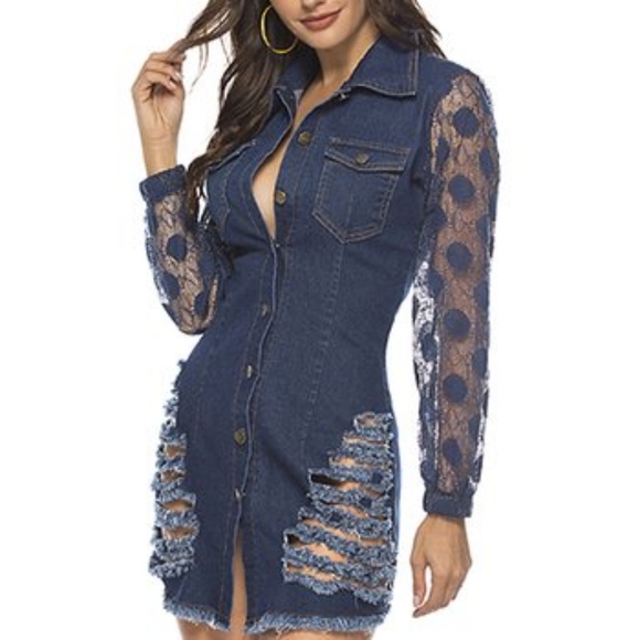 Vicky and Lucas 🌠Dark Blue Denim Distressed Dress - Picture 5 of 12